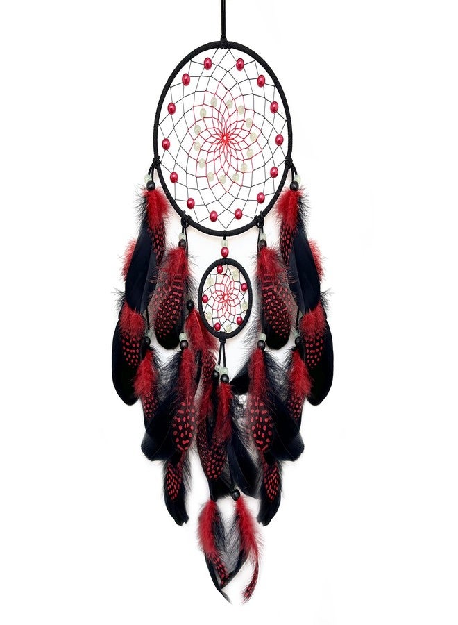 SOYUZU Red and Black Dream Catcher Wall Decor Feather Dream Catchers with Luminous Bead Handmade Dreamcatcher Wall Hanging Ornament for Bedroom Living Room Home Decor - Image 1